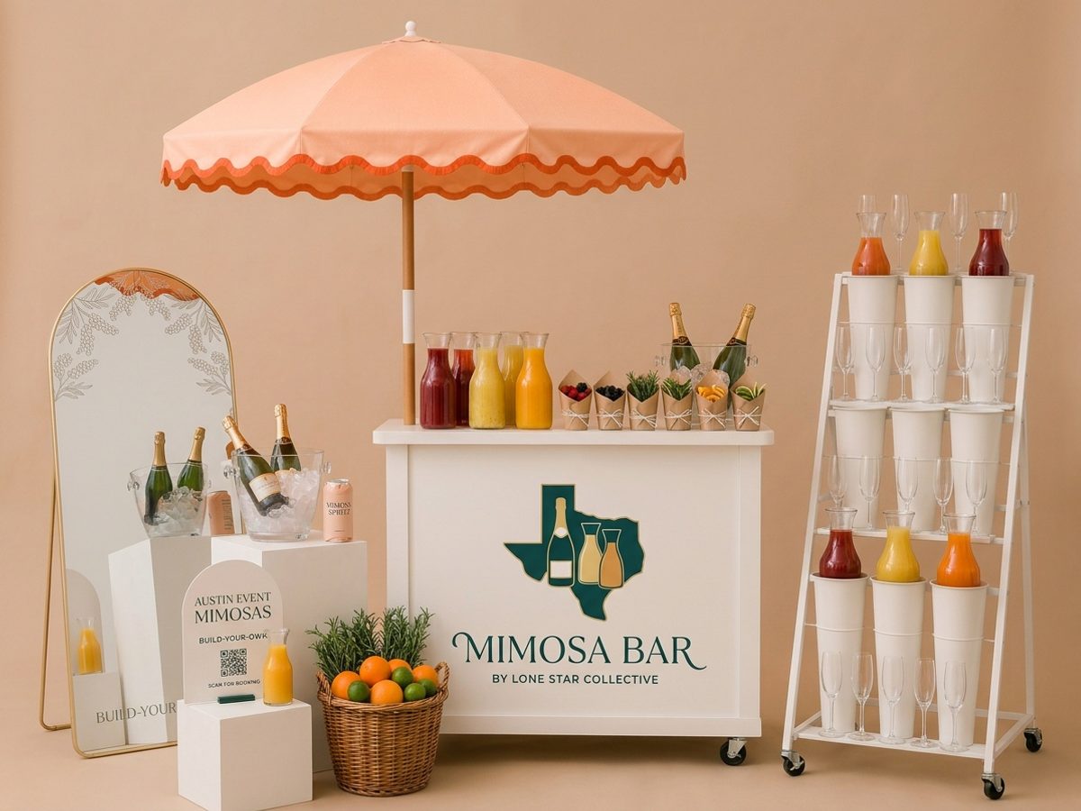 Pastel mimosa cart styled for an Austin baby shower