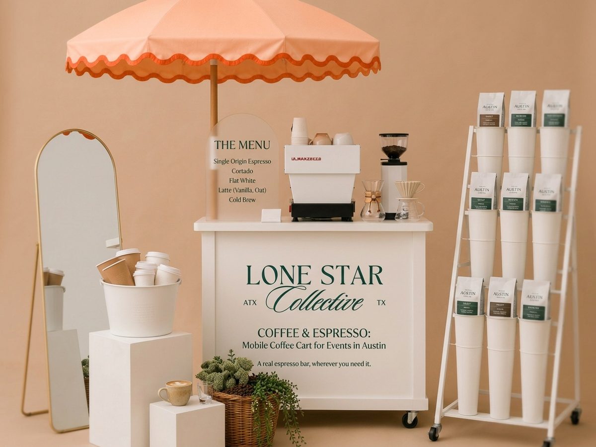 Mobile coffee cart with an espresso machine at an Austin office event