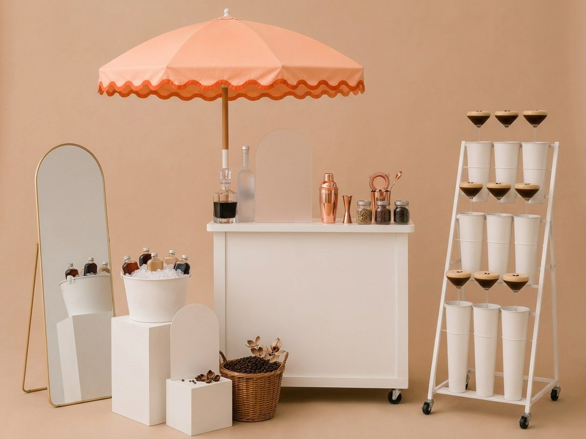Espresso martini cart styled for a late-night Austin wedding reception