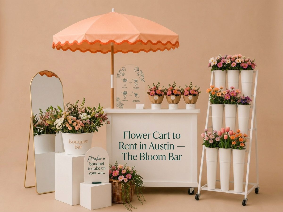 Flower cart styled as a bloom bar with buckets of blooms at an Austin event