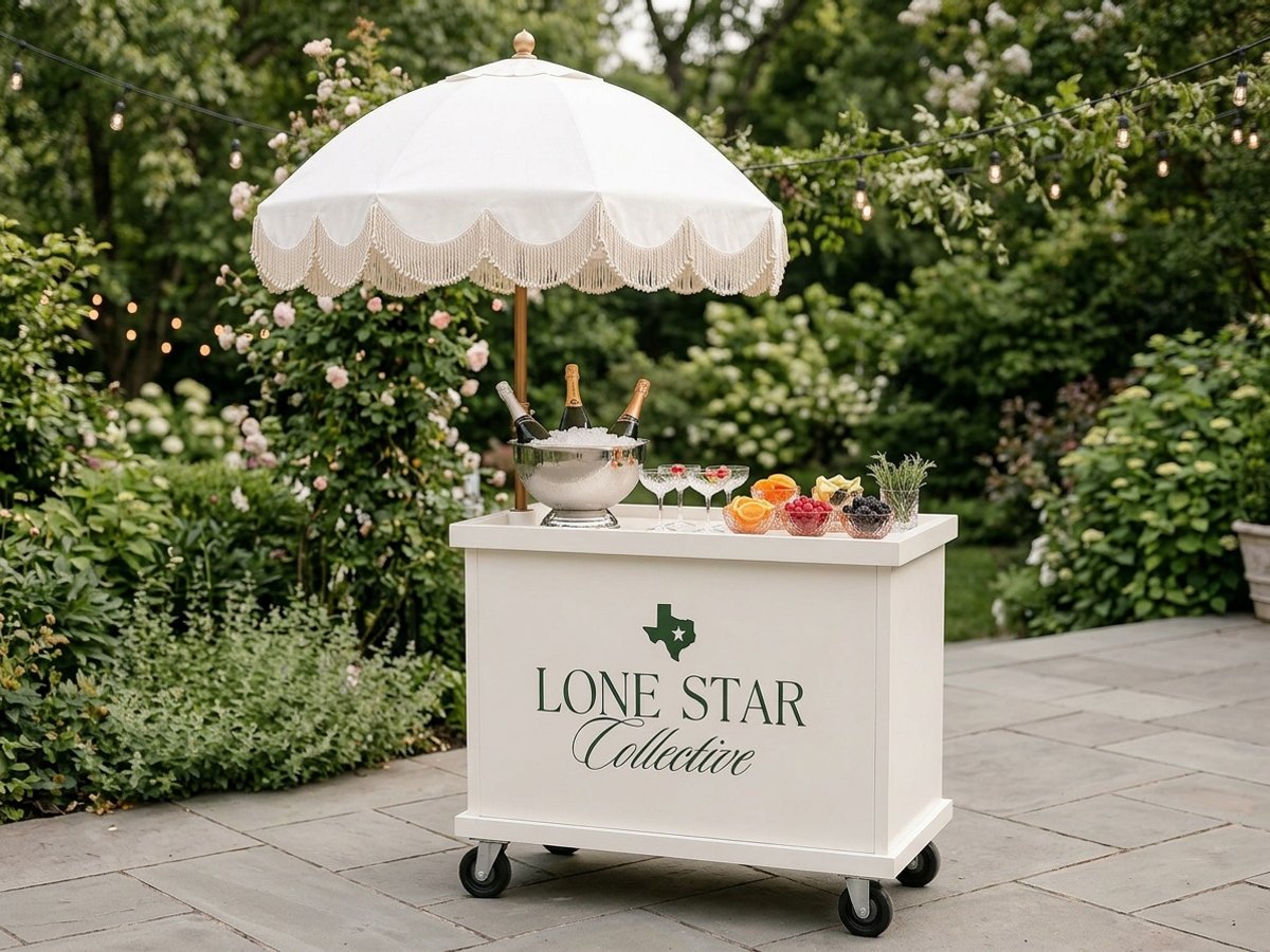 Styled mimosa and champagne bar cart with coupes and garnishes at an Austin event