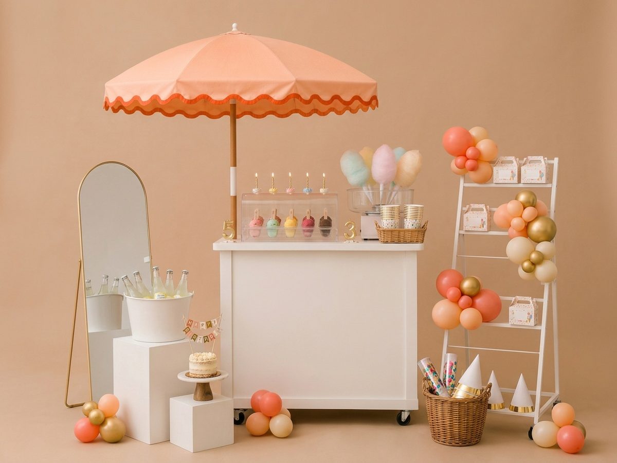 Styled ice cream and cotton candy carts at an Austin birthday party