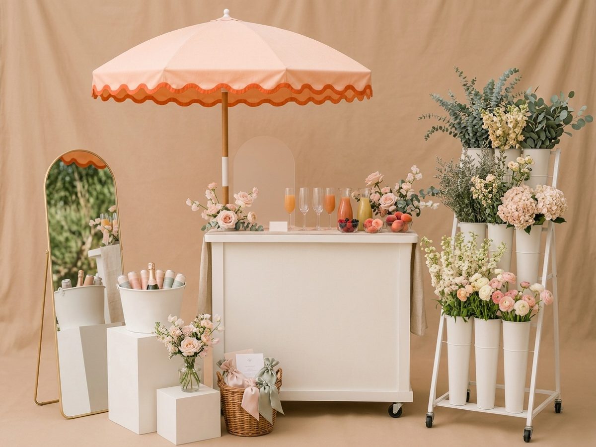 Pastel mimosa and flower cart styled for an Austin bridal shower