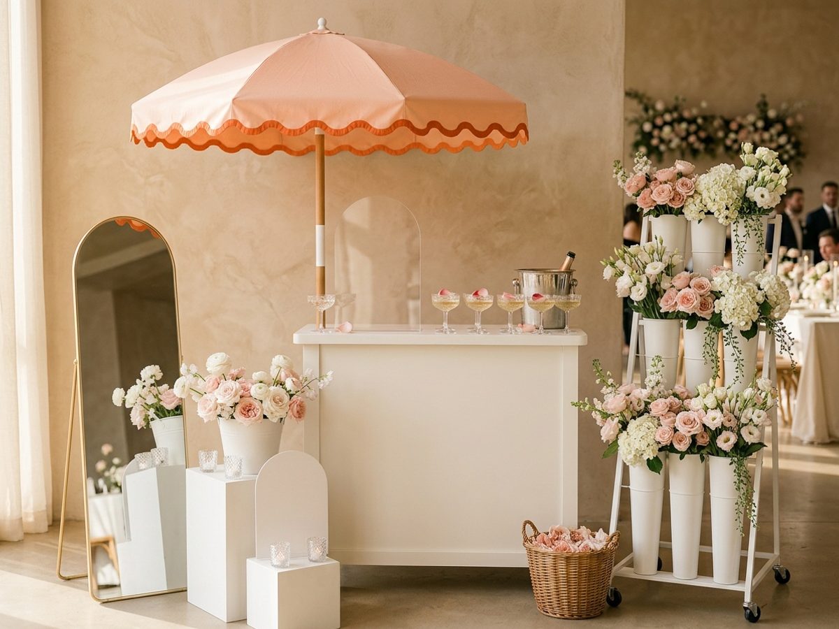 Cream wedding cart with champagne and florals at an Austin reception